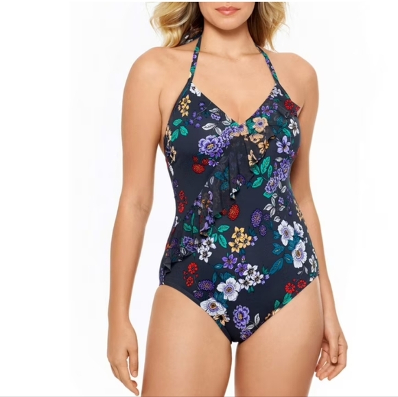 4/$12 Time and Tru Floral One Piece V-Neck Bathing Suit Halter Gray size Small - Picture 1 of 6
